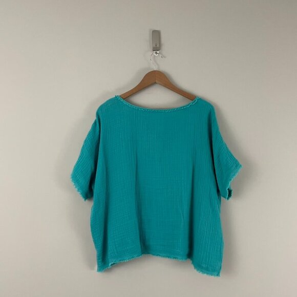 Eileen Fisher Gauzy Cotton Teal Blue Frayed Hem Top Size Large - Picture 2 of 6